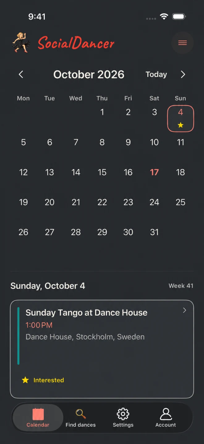 Kalender med gemte danseplaner