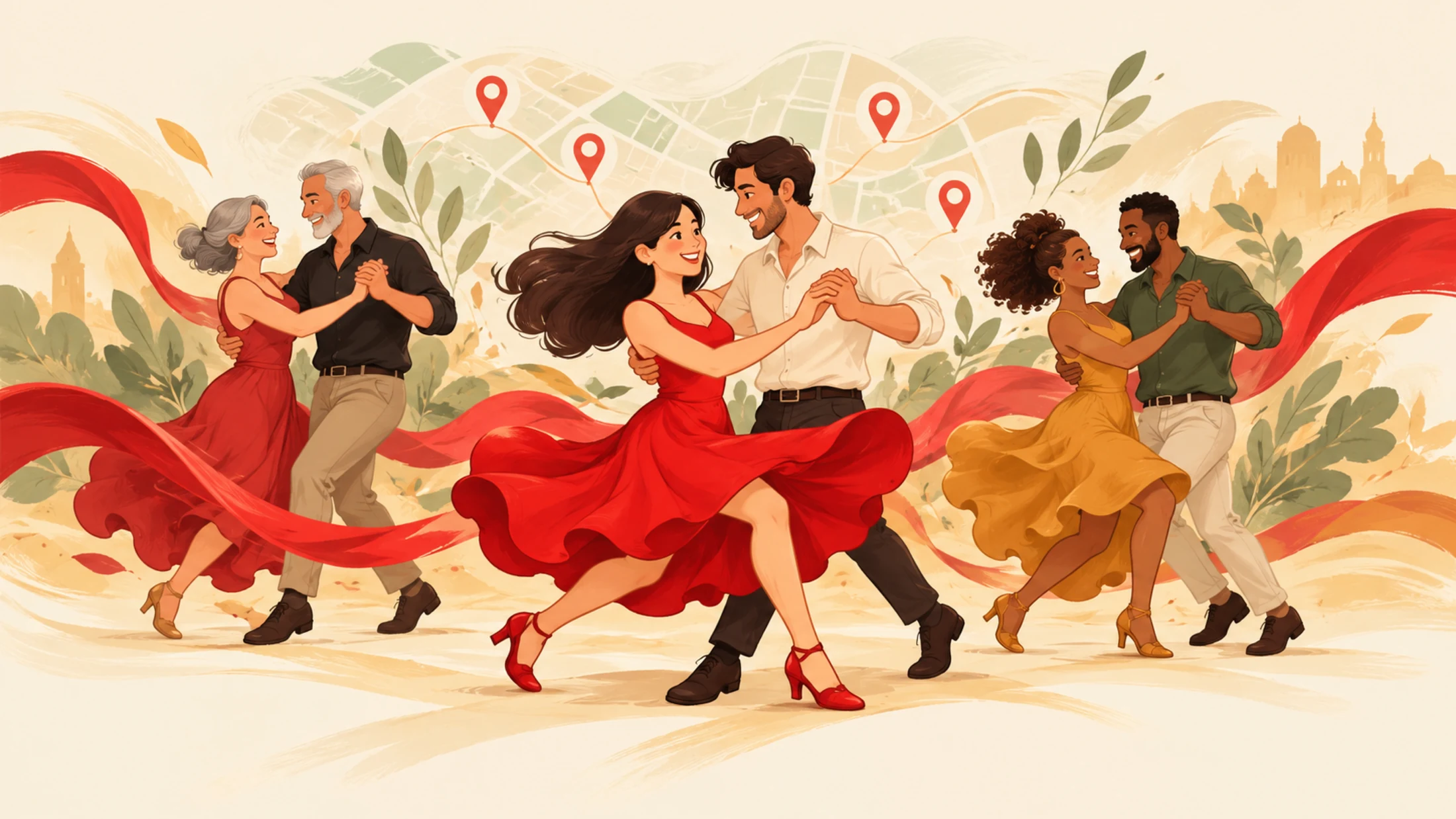 Three happy couples dancing across an illustrated map