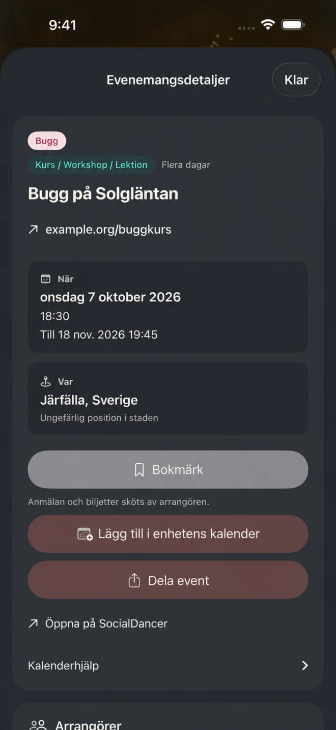 Arrangementsoplysninger med tid, sted og oprindelige links