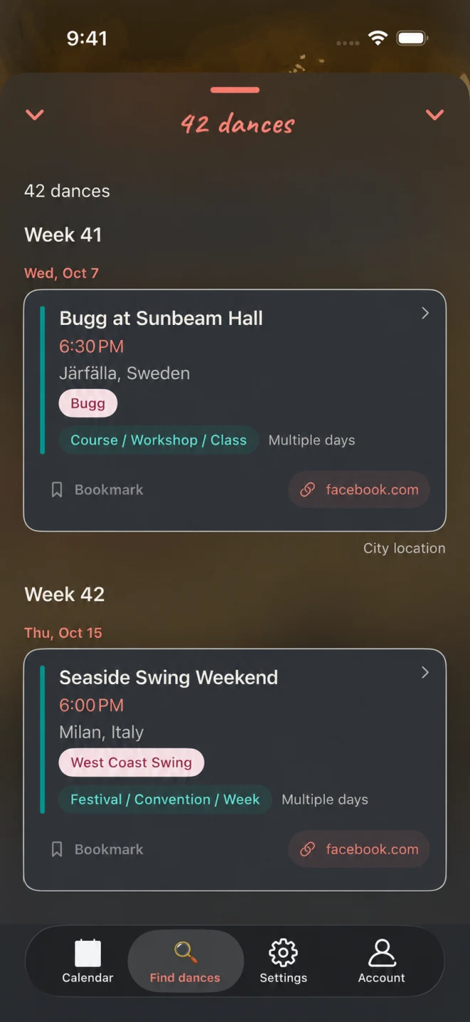 Åben liste over kommende danse